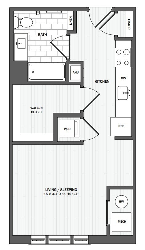 Floor plan for studio, 1 bath, 494 sqft